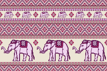 Traditional Ethnic Thai Elephant Pixel Art Pattern on Beige Background.  Vector design for fabric, carpet, clothing, embroidery, tile, wallpaper, and background