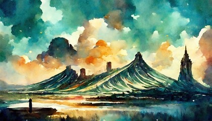 The watercolor of the landscape with mountains and clouds.