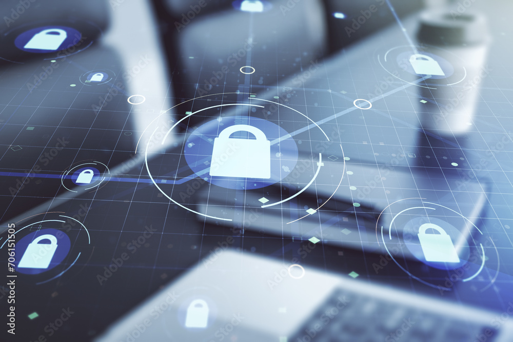 Poster creative light lock illustration with microcircuit on modern computer background, cyber security con