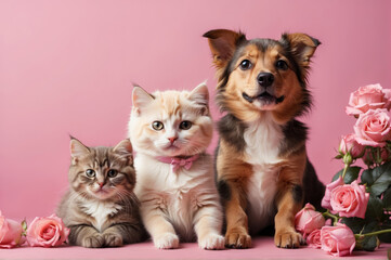 cat and dog puppy pose in a simple pink wall background with pink roses and ribbon, valentine's day...