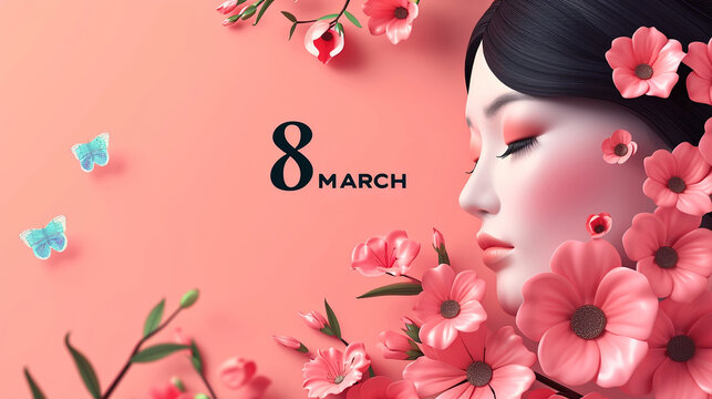 

international women's day concept, 8 MARCH feminine, banner, illustration, celebration, isolated background, generative ai