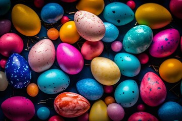 Fototapeta na wymiar A vibrant Easter background adorned with lovely colored eggs. Generative AI