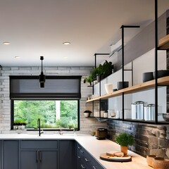 A modern eclectic kitchen with metal finishes, tiles, and shelves4