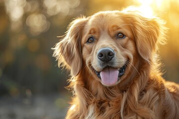 Cute golden retriever on blurred natural background. Portrait of smiling dog.