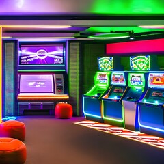 A retro-themed gaming room with arcade machines, neon lights, bean bags, and colorful geometric patterns on the walls1
