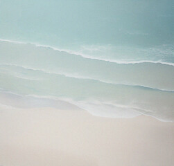 Turquoise water wave with sand beach from above, empty summer vacation background. Banner with space for text. Travel, holiday concept. Beautiful backdrop