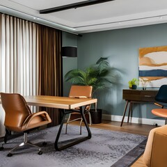 A mid-century modern office with furniture, accents, and wallpaper4