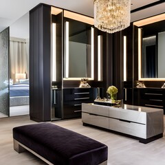 A chic dressing room with floor-to-ceiling mirrors, a vanity table, and custom-built closet organization1