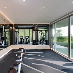 A sleek home gym with mirrored walls, state-of-the-art workout equipment, and rubber flooring2