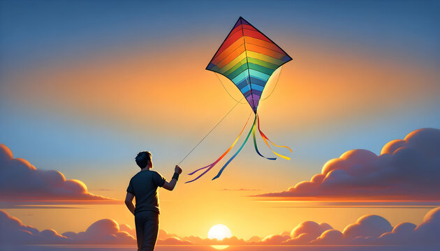 Illustration of a man with a kite on the sunset.