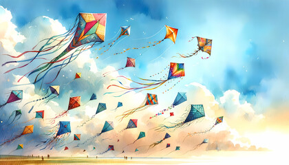 Watercolor illustration of flying kites.