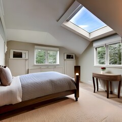 A cozy attic bedroom with slanted ceilings, skylights, and a window seat3