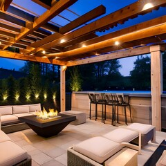 A contemporary outdoor patio with a fire pit, cozy outdoor furniture, string lights, and a wooden pergola5