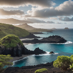 Paisaje de islas volcánicas con vegetación en un día semi nublado con un mar vivo y un color azul claro