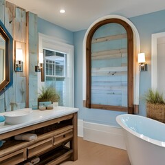 A coastal-themed bathroom with seashell decor, light blue accents, a freestanding bathtub, and a driftwood-framed mirror4
