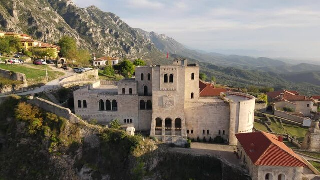 Establishing drone shot of the castle of Kruje, National History Museum, Kruja Museum, Albania