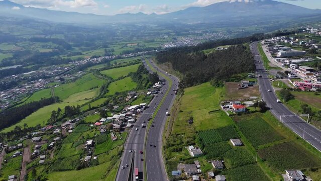 Aerial view Santa Rosa curve Cutuglahua Ecuador Panamericana highway E-35