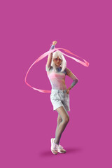 Extravagant young stylish woman posing with ribbon on purple background