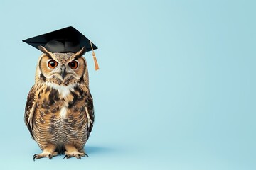 Wise old owl with graduation hat isolated on blue background with copy space