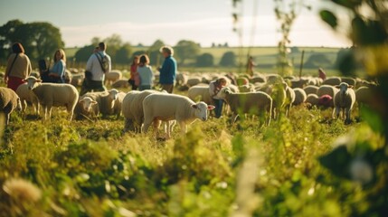 Fototapeta premium People gather in a field, surrounded by grazing sheep and cows, to enjoy a traditional feast of farmfresh produce, highlighting the important role of these animals in local cuisine.