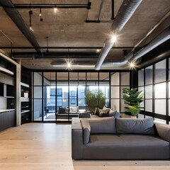 A modern loft-style living space with exposed ducts, concrete, and decor4