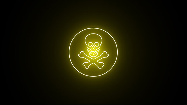 Neon glowing Toxic sign, electricity or chemical Warning icon. neon Skull and Crossbones Icon on black Background. glowing Danger sign with skull.