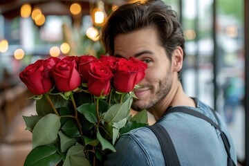Romantic young guy with bouquet of red roses making unexpected surprise for his girlfriend at cafe
