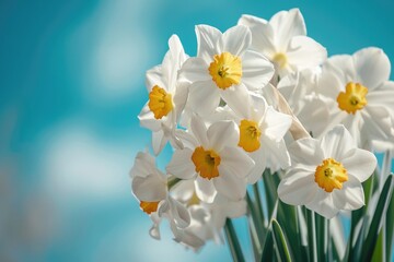 A close up shot of beautiful white narcissus bouquet with blue sky