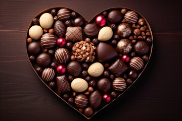 Chocolate candies on wooden table. Valentines day