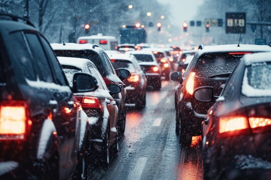 Modern cars are stuck in a traffic jam on a highway in winter.