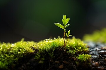 Close-up of small plant on moss. Generative AI