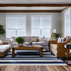 A coastal-inspired living room with sandy hues, nautical decor, a striped rug, and a large driftwood coffee table2