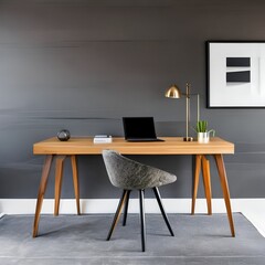 A contemporary home office with a minimalist desk, ergonomic chair, and abstract art on the walls3