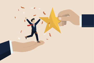 Employee success recognition, cheering or honor on success or achievement concept, smart employees get star awards from superiors.