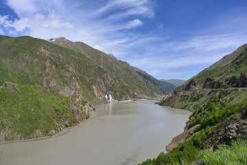 Zaramag water reservoir landscape near Tsmi village