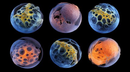 A series of microscope images capturing the cellular division and differentiation during daybyday embryonic development, revealing the complex and precise processes at play. - obrazy, fototapety, plakaty