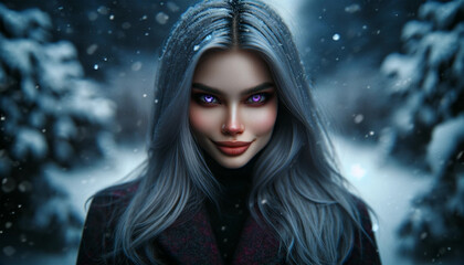 Fototapeta na wymiar Photorealistic portrait of a 25-year-old girl model with long gray hair in a cold snowstorm, outdoors on a dark day.