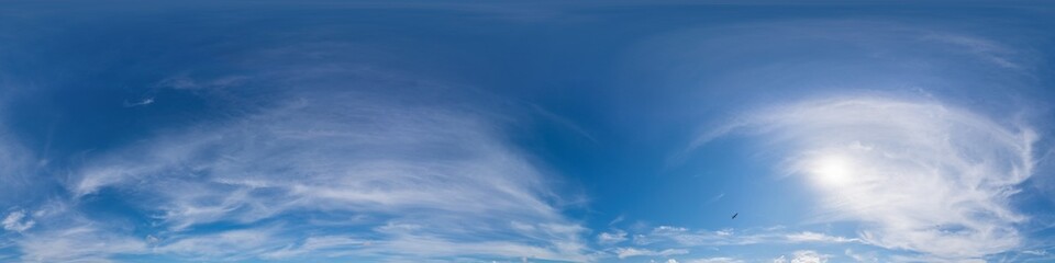 Blue summer sky panorama with light Cirrus clouds. HDR 360 seamless spherical panorama. Full zenith or sky dome for 3D visualization, sky replacement for aerial drone panoramas.