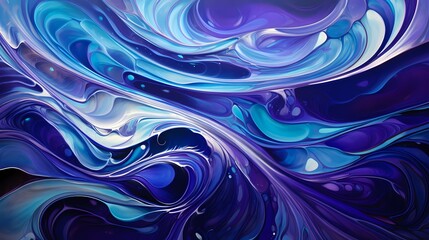 Iridescent waves of liquid silver and deep purple flowing gracefully, forming intricate patterns as they splash against a radiant 3D canvas in stunning detail.