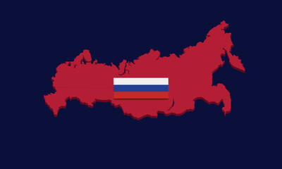 3D isometric map of the country of Russia complete with flag symbols and emblems, on a dark blue background