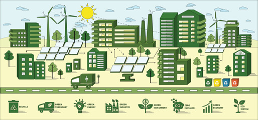 Sustainability concept. ESG, Green Energy, Sustainable Industry with Windmills and Solar Energy Panels in Green City. Sustainable Development and Green Economy with Icons Set. Vector Illustration.