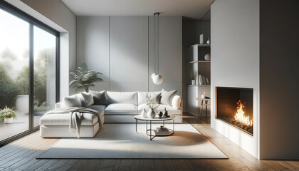 Fototapeta na wymiar A modern living room in a Scandinavian home interior design, featuring a white corner sofa positioned near a fireplace.
