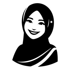 a smiling hijab woman flat vector silhouette, black color silhouette