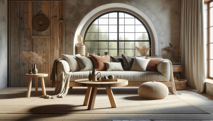 A Scandinavian farmhouse style modern living room interior, featuring a rustic accent round coffee table made of natural wood