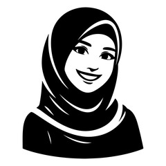 a smiling hijab woman flat vector silhouette, black color silhouette