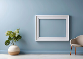 simple white photo frame mockup with in a simple elegant blue pastel decorative interior background