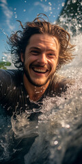 Obraz premium young man smiling and happy in the water, looks at the camera cheerful and radiant with joy.
