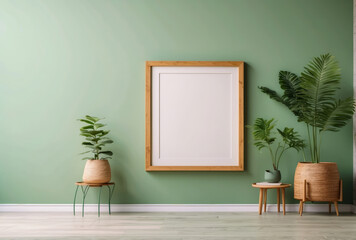 simple elegance wood photo frame mockup in soft green pastel colored wall background