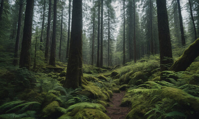 A path in a deep dark forest  in the morning with tall trees in the background