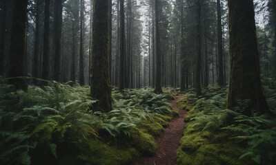 A path in a dark forest with tall trees in the background